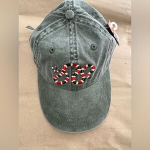 Green Denim Cap with Embroidered Snake Design